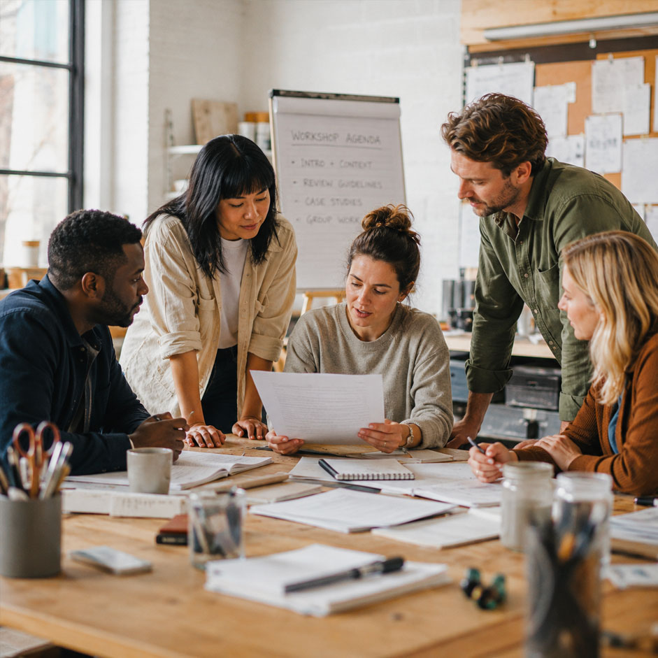 A group of business advisers gathered around a workshop table reviewing a document together, with a workshop agenda on a flip chart behind them.